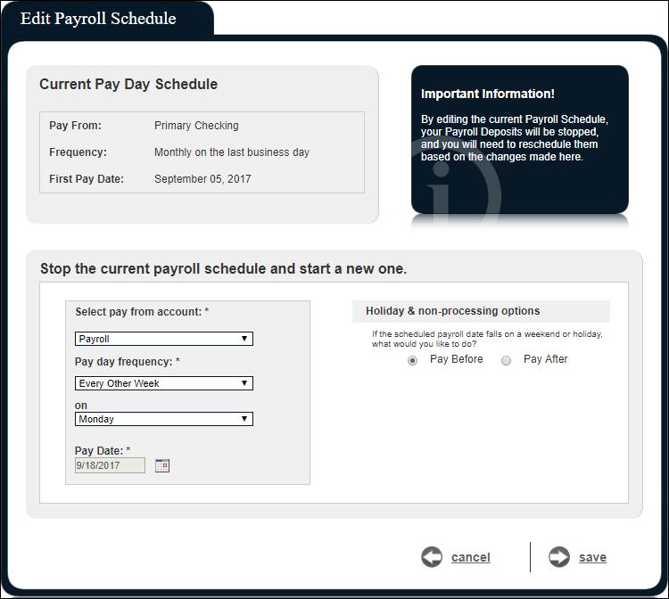 Pay Employees There are two options: Regular Pay Day System pre-fills the pay day based on the payroll schedule. The pay day cannot be edited.