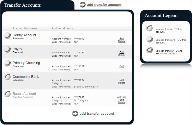 View Accounts This feature shows added transfer accounts with a legend to determine if funds can be transferred to or from the account.