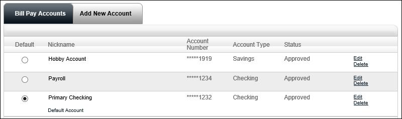 Bill Pay Accounts A subscriber can view a list of their pending and approved pay-from accounts.