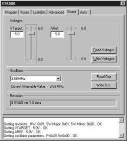Using AVR Studio 5.3.5 Board Settings The Board tab allows the changing of operating conditions on the STK500 development board.