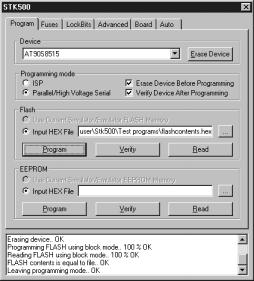 Using AVR Studio 5.3.7 History Window The History window is located at the bottom of the STK500 view. In this window the dialog between AVR Studio and STK500 is shown.