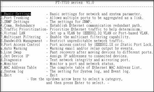 Getting Started 4. The Main Menu of the PT-7710 s Telnet console should appear. 5.
