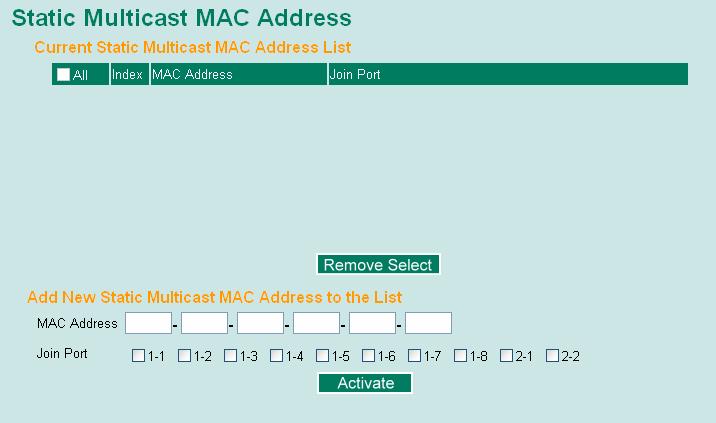 Add New Static Multicast Address to the List MAC Address Input the multicast MAC address of this host.