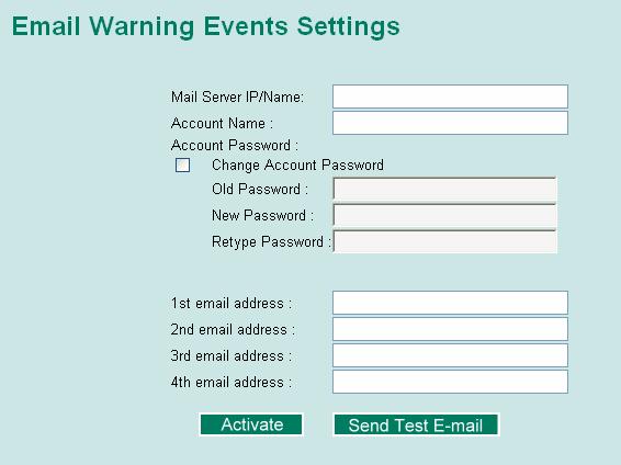 Port Events Link-ON Link-OFF Traffic-Overload Traffic-Threshold (%) Traffic-Duration (sec.) Warning e-mail is sent when The port is connected to another device. The port is disconnected (e.g., the cable is pulled out, or the opposing device shuts down).