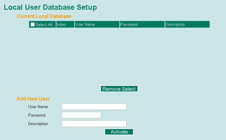 Local User Database Setup When setting the Local User Database as the authentication database, set the database first. Local User Database Setup User Name User Name for Local User Database None (Max.