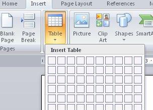Inserting a Table in Microsoft Word 2010 and 2013 1. Click on Insert in the toolbar. The second box from the left in the ribbon is the Tables box. 2. Select the table button. 3.