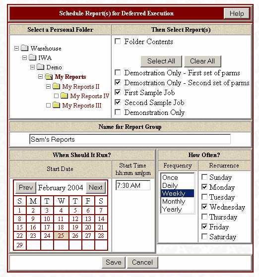 To create a scheduling request, click on the Schedule a Report button. The page below is displayed to create or edit a scheduling request. 1. Use the navigation map to select the desired folder.
