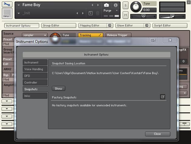 WORKING WITH SNAPSHOTS Snapshots are the easiest and most efficient way of loading and saving presets within Kontakt. FAMEBOY comes with a vast selection of snapshots ready to use.