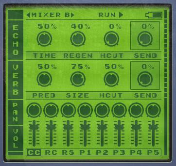 PAGE :: MIXER Echo Time :: Delay Time Regen :: Delay Feedback Level Hicut :: Delay Hicut Send :: Delay Send Level Pan Sets the pan position for each drum voice Voice Selector The Send level can be