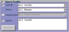 At Card #, click on the arrow to view a list of card numbers and cardholder names in the database Then select the required card number or b At Name, click on the arrow to view a list of names and