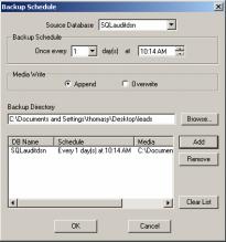 AEC User Manual 60 DB Administrator Schedule Disk Backup/Schedule Tape Backup 1 From the Backup Options dialog, select Schedule Disk Backup to open the Backup Schedule dialog Query Use Query to