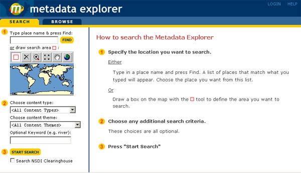 Search mode The initial Metadata Explorer interface that the user interacts with is standard search mode, as shown here. Search Map searchmap Frame search_map.