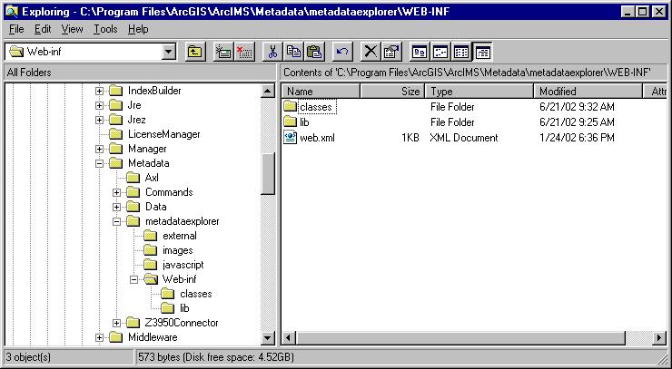 Metadata Explorer file organization Directory structure The installed Metadata Explorer directory (<ArcIMS Directory>/ArcIMS/Metadata/metadataexplorer) contains a number of JSP (.jsp) and HTML (.