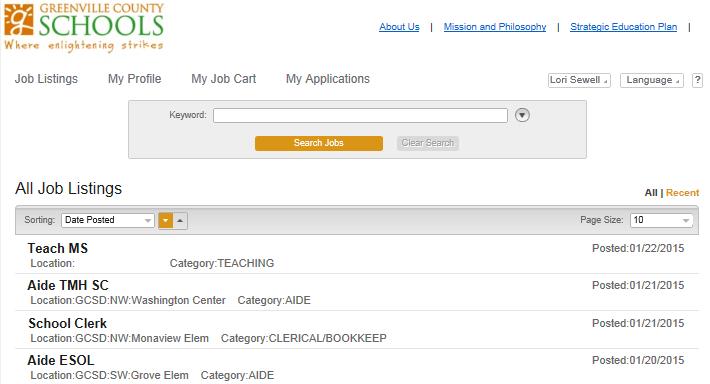 V. Job Listings After your profile is complete or you return to your account, you will see links near the top, left of the page. The Job Listings link will display all open positions.