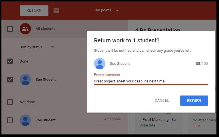 Returning student work Click Return. Assignments need to be returned to the students before they are recorded.