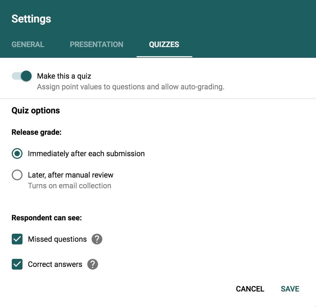 Settings- Quizzes With Quiz enabled, you'll see a new Answer Key button on the bottom left of each question. Click it, then select the correct answer for the question.
