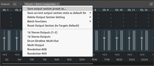 1. Navigate to the Revolution folder and go to the Output Config folder. 2. Here you can open the Kontakt Multi Output Config.nkm file 3. This will open Kontakt with 16 stereo outputs.