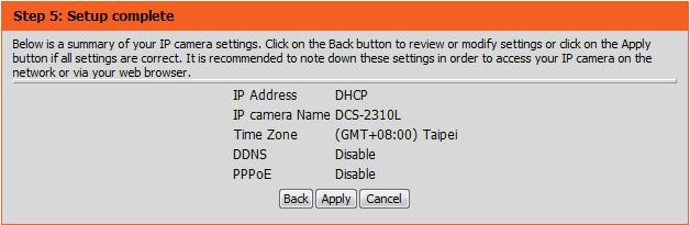 If you have selected DHCP, you will see a summary of your settings, including the