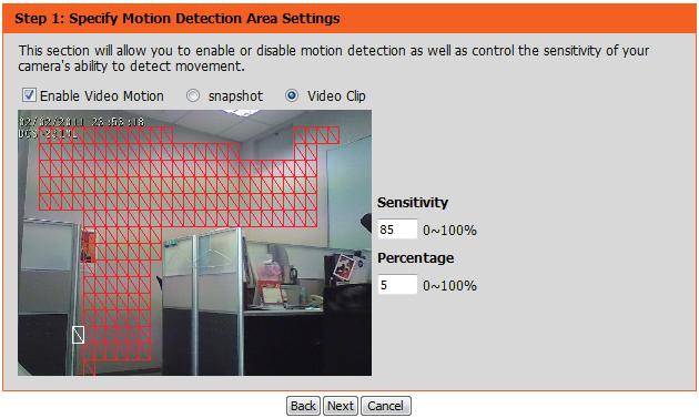 Motion Detection Setup Wizard Step 1 This step will allow you to enable or disable motion detection, specify the