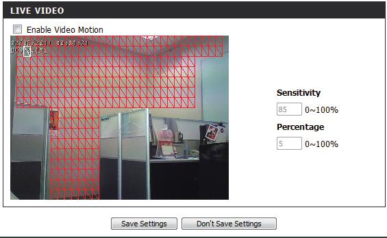 Enable Video Motion: Sensitivity: Percentage: Draw Motion Area: Erase Motion Area: Select this box to enable the motion detection feature of your camera.