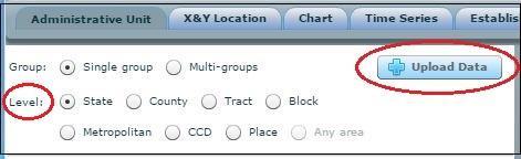 user, and uploading the Excel data file into the system in order to create the report, or GIS map. Figure 25.The Upload Data Button in the Menu bar.