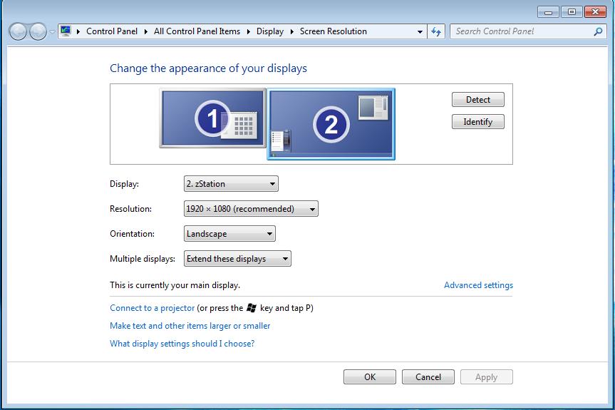 5. In the Screen Resolution Window, make sure the following settings are configured: Display is set to zstation.