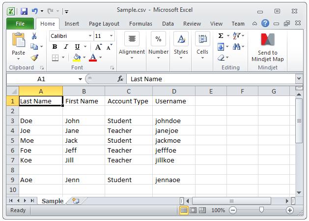 Import Logins from a File 1. Create a.csv file in the format of the following sample, or edit the C:\zSpace\EduServer\Sample.csv. Sample Import File 2.