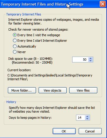 6 Click the radio button to the left of Every visit to the page, set the size of the Temporary Internet files folder to 50 MB*, and Click OK.
