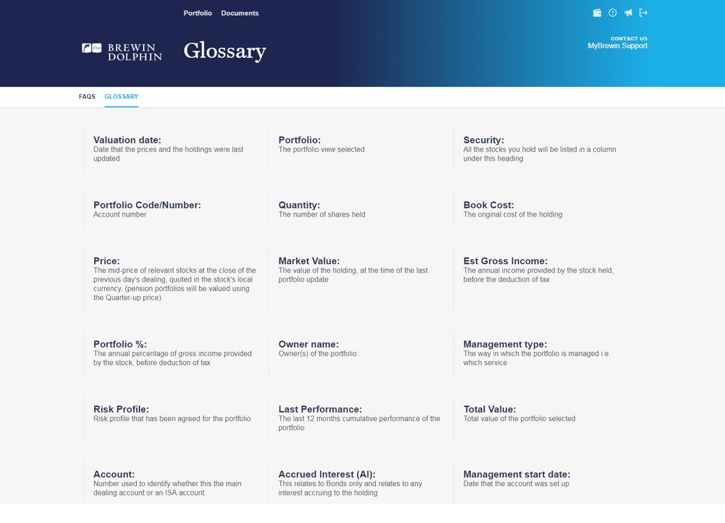 Glossary Please refer to our glossary, found using the help icon, for a full list