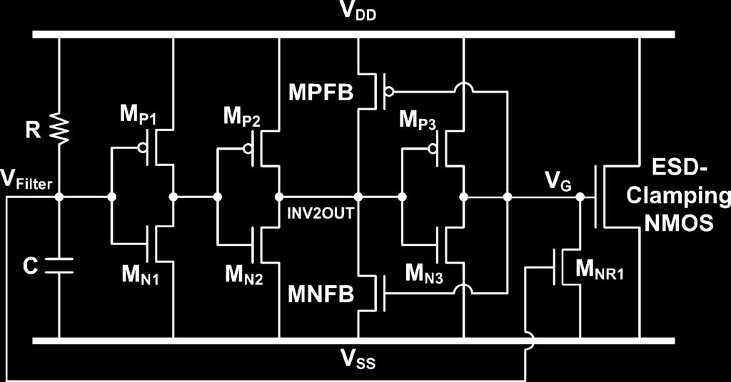 14 shows the proposed power-rail ESD clamp circuit with NMOS reset function to overcome the latchup-like failure, which is realized with NMOS+PMOS feedback and an additional NMOS device ( ) to