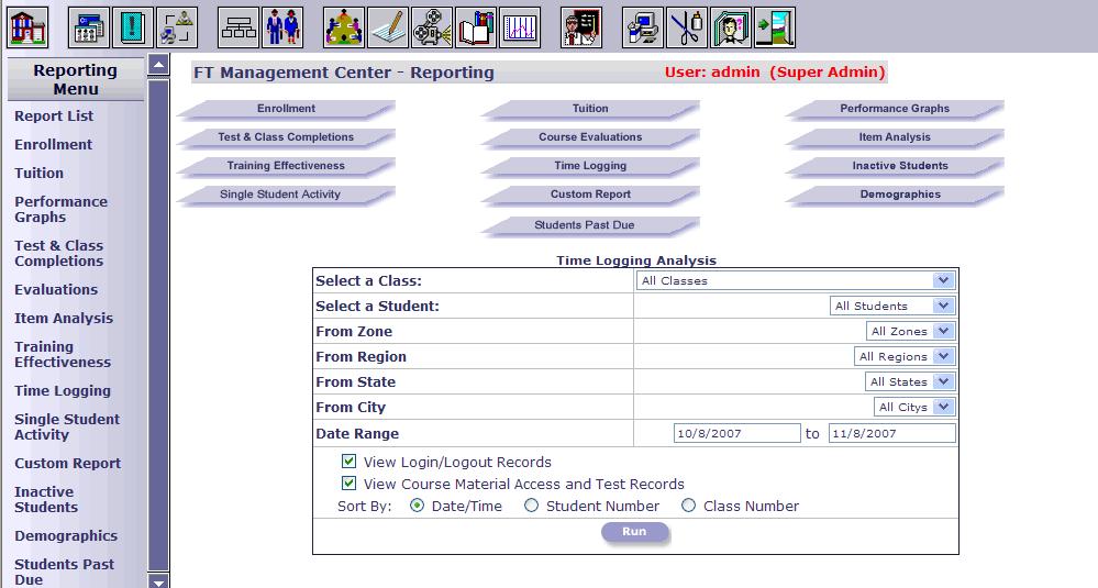 Time Logging The Time Logging report contains the time it took a student to complete a test. This report may be filtered by All Classes, a single Class, All Students or an individual student.