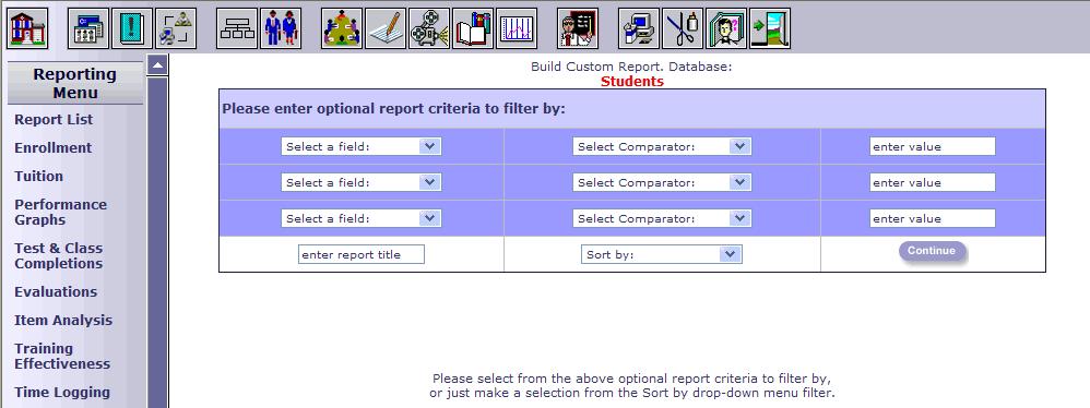 Step 2: Enter record selection parameters. Here is where you apply "filters" to the records in the database. This will determine which records appear on your report.
