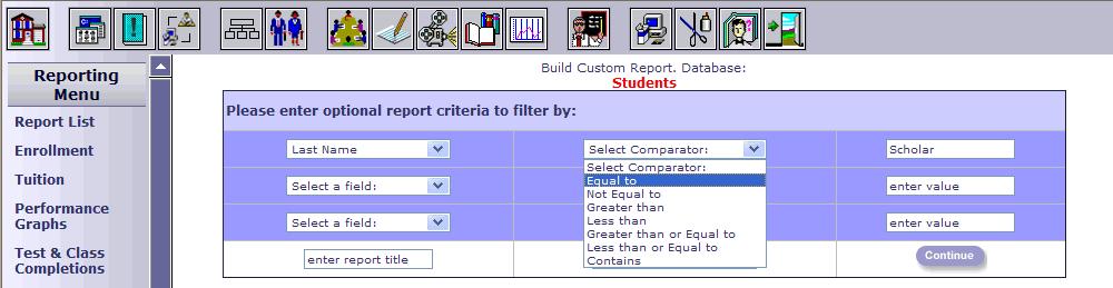 Below is the record selection screen as it would look if you selected the Students" database: The values you enter will selectively reduce the number of records on the report.
