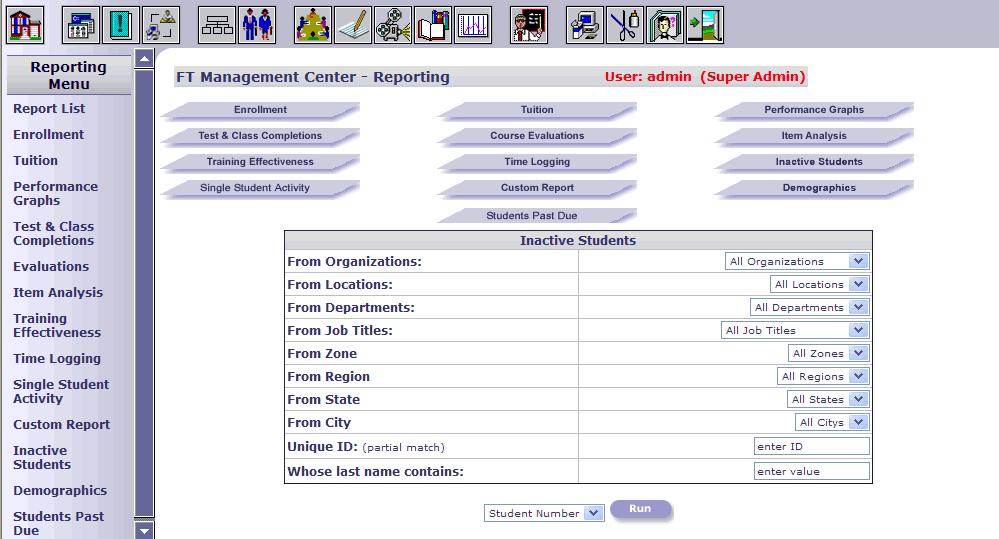 Inactive Students This report displays a summary of Inactive Students (i.e., students that are not enrolled in any classes). It is a valuable tool for checking student progress.