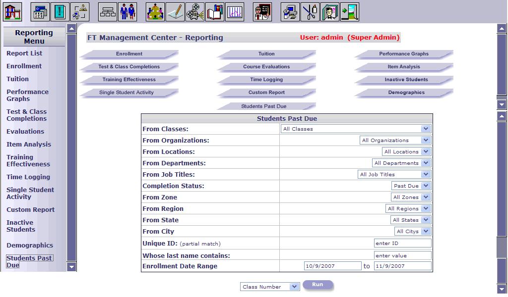 Students Past Due This report displays a summary of students that are past due in completing a class in which they are enrolled. It is a valuable tool for checking student progress.