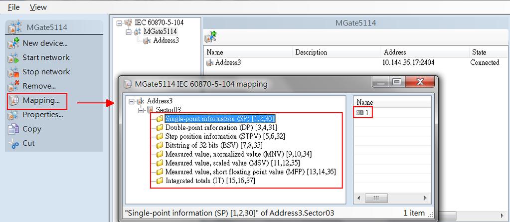 You can see several object points that are detected by the PcVue after making a connection according to the IEC 60870-5-104 communication
