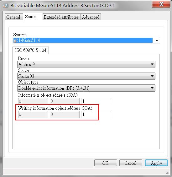 In the Source tab, modify Write information object address (IOA) as 1: In the Advanced tab,