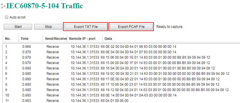 7.2 MGate Traffic Monitor Introduction In the IEC 60870-5-104 Traffic web page or Modbus RTU Traffic web page, these running communication traffics can be captured by clicking Start.