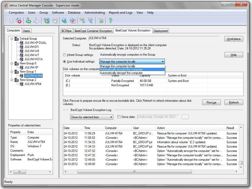 Central Management of BestCrypt Volume Encryption After deployment BestCrypt Volume Encryption (BCVE) on remote computers administrator can manage BCVE on client computers through BestCrypt Volume