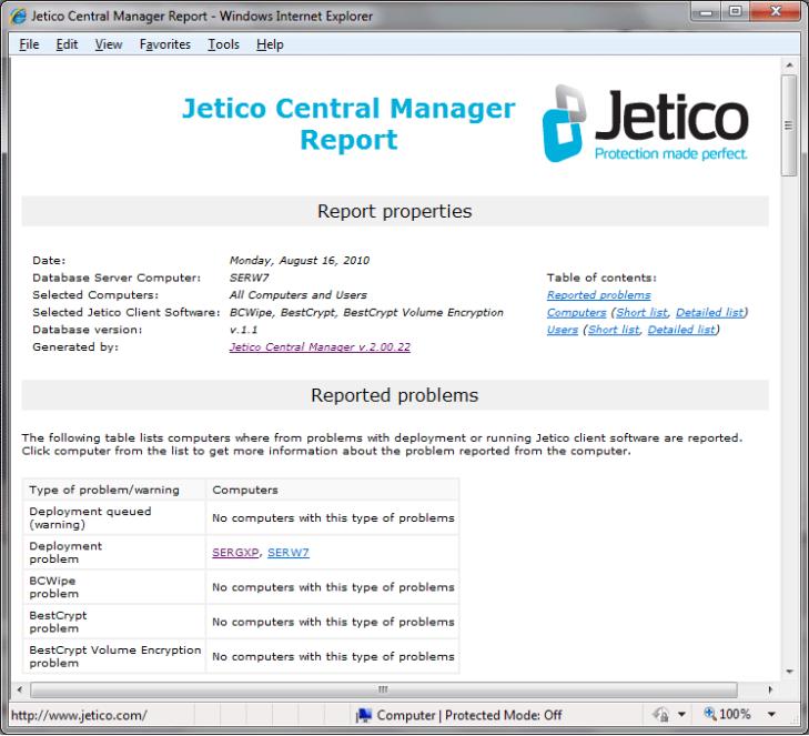 Enter name of file and path where the report should be saved and click OK. Jetico Central Manager creates report in HTML format.