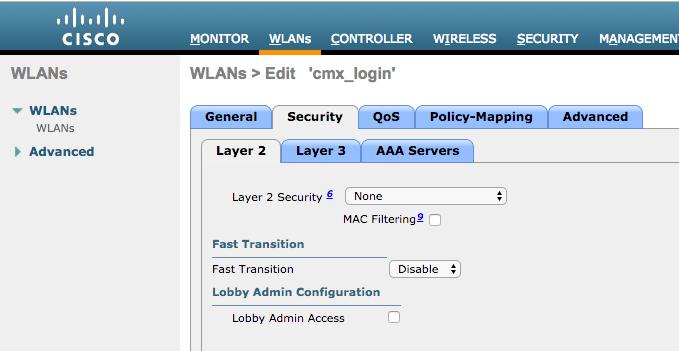 As done previously for the SMS and Social Network Registration, first, got to WLANs->Edit->Layer 2->Layer 2 Security, and in the dropdown choose None, so Layer 2 Security is disabled.