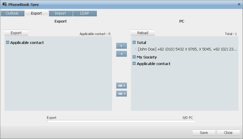 Exporting Contacts to an Excel/MDB File 1. Select the Export tab. 2. To export the selected contacts, click the button.