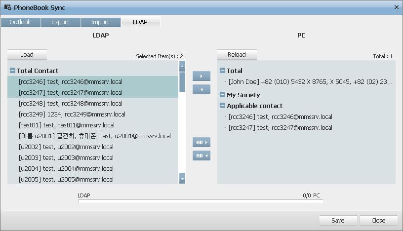 4. When the contacts are read successfully, they are displayed in the list in the LDAP pane, as shown in the figure below. 5.