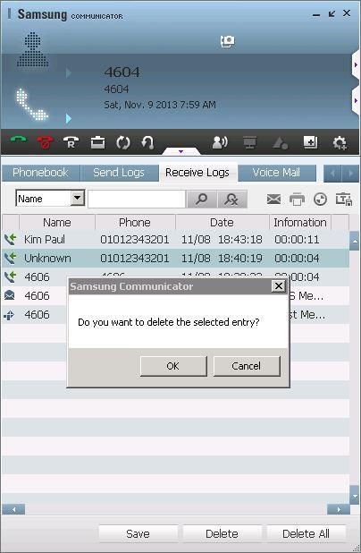 Deleting Numbers from Receive Logs Select an entry to delete from the receive logs, then click the [Delete] button.