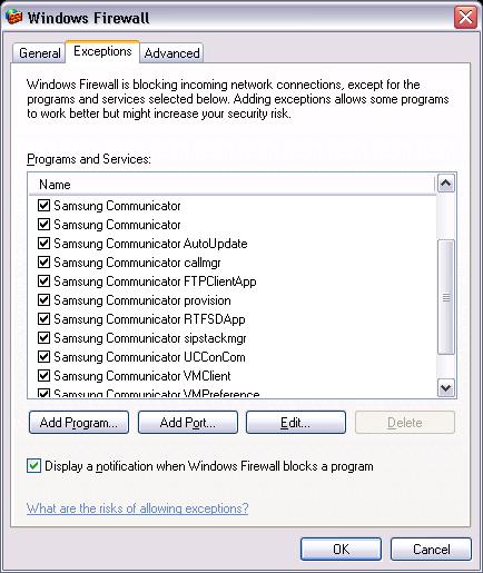 Windows Firewall Settings When the Samsung Communicator program is successfully installed, the programs below are automatically added to the exceptions list (11 items). [Windows XP] 1.