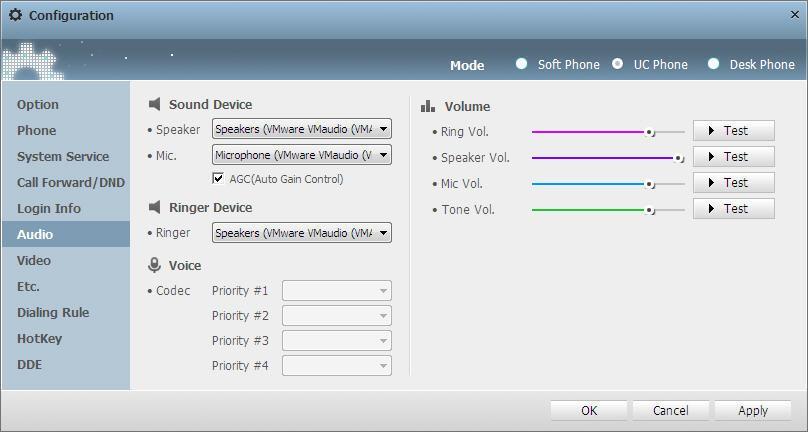 Audio In the [Audio] tab, you can configure the devices to use on the PC where your Samsung Communicator is installed and set the various sound volumes.