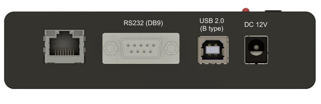 3.5. Controller 3.5.1. Interfaces, pinout LED explanation Connection Green - Power ON 1. RS-232 (DB9), USB 2.0 type B, and power plug for DC 12 V (standard plug 5.5x2.1 mm).
