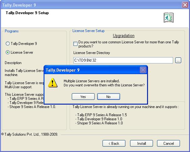 3. Accept the default License Server Directory and Port Number or enter the required License Server Directory name and Port Number in the Tally.Developer 9 setup screen.