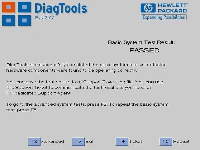 Basic System Test Test Result: PASS Test Result: PASS If the basic system test is successful, a screen similar to the following will appear: The following action is recommended: If you are not