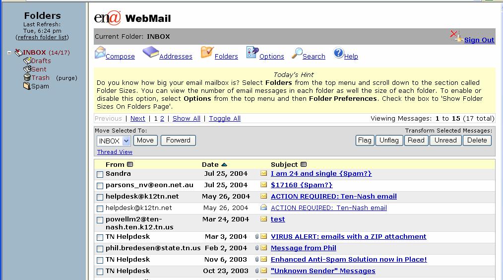 Read an e-mail message When a user logs into WebMail, messages in the main mailbox are shown in the message index area.